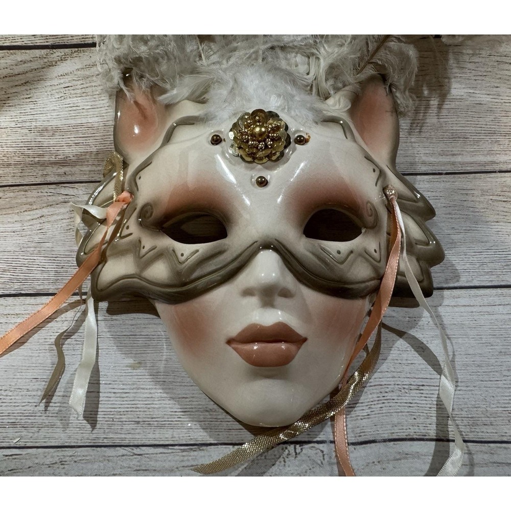 Vintage Hand Painted Masquerade Ceramic Porcelain Cat Mask Pink Feathers 80's
